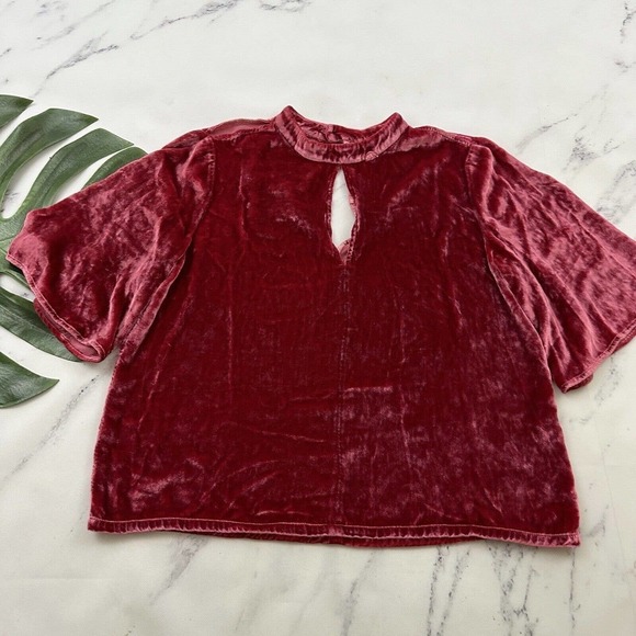 J Brand Tops - J Brand Velvet Key Hole Blouse Top Size S Red Flutter Sleeve High Neck